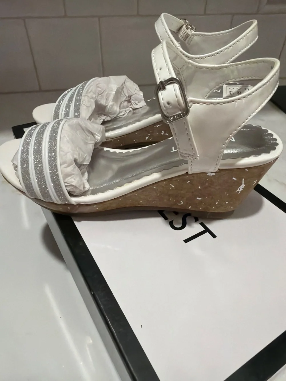 Nine West Girls 13 Emily 2 White wedge sandal with silver glitter. New in box